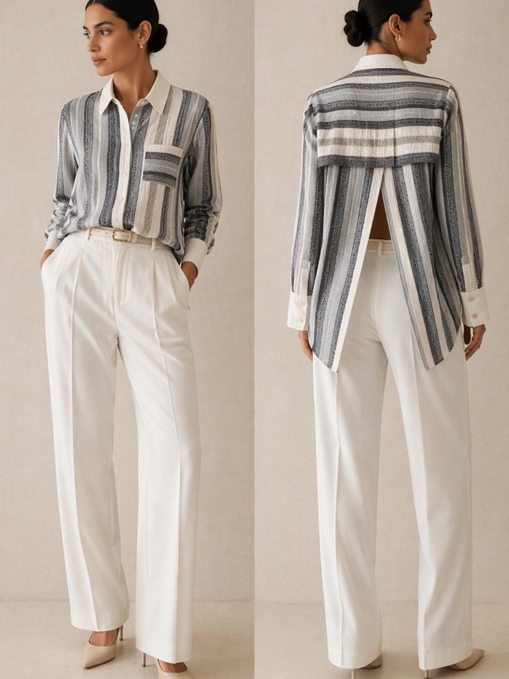 Rachel Roy Open Back Split Shirt Quiet Luxury Stripe Blouse Ivory Grey Textured